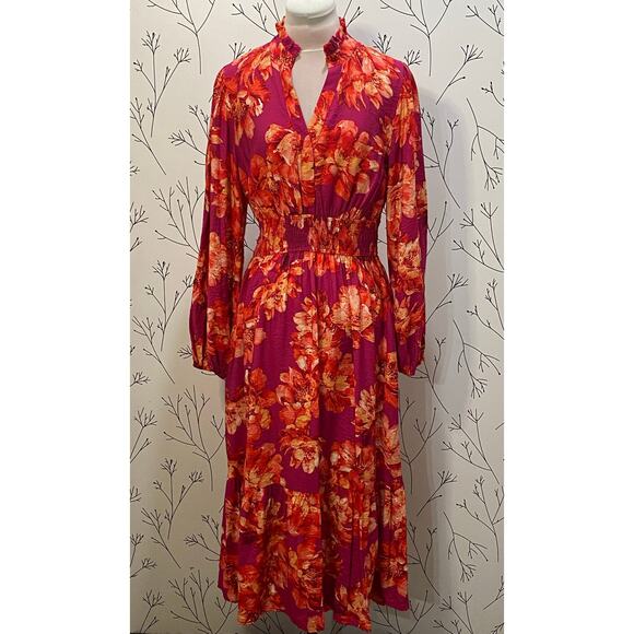 NWT ODDY Flirty Floral Ruffle Neck Midi Dress MEDIUM Flowy Balloon Sleeves NEW - Picture 3 of 8